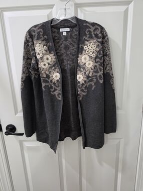 Charter Club Womens Gray Patterned Knit Embroidered Cardigan